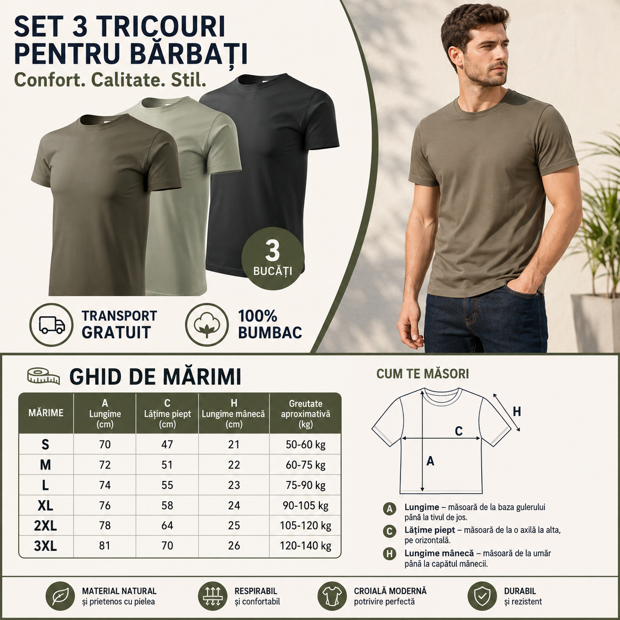 Set tricouri basic bărbați army kaki deschis negru pentru birou casual weekend și timp liber